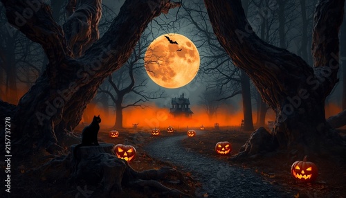Spooky Haunted Forest with Jack-o'-Lanterns, Black Cat and Full Moon/ Haunted Forest Halloween Scene with Glowing Pumpkins and Black Cat