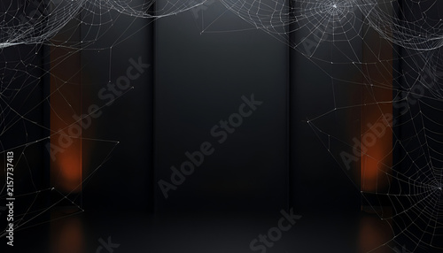 Dark Halloween Background with Realistic Spider Webs and Glowing Embers/ Mysterious Black Halloween Frame with Delicate Spider Webs and Dark Atmosphere