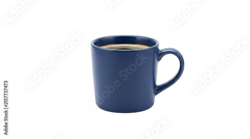 Navy blue ceramic coffee mug with black coffee, matte porcelain cup on white background, morning beverage for cafe branding
