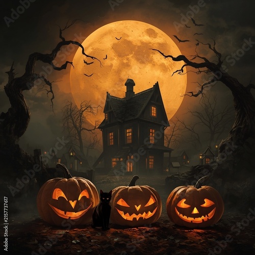 Haunted Mansion Under a Giant Orange Full Moon with Glowing Halloween Pumpkins/ Spooky Halloween Haunted House with Jack-o'-Lanterns, Black Cat and Bats abstract background 