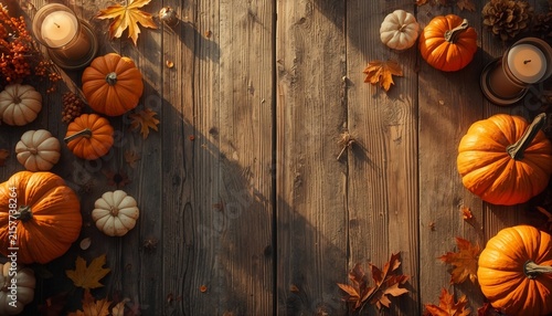 autumn leaves and pumpkins on wooden background holiday celebration concept. generative ai