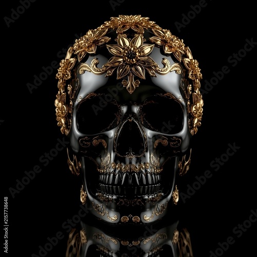 Luxury Gothic Skull with Ornate Golden Floral Decoration on Black/Elegant Black Skull Adorned with Intricate Gold Botanical Ornament