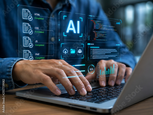 Artificial intelligence coding interface with programming languages and data analysis on a laptop screen
