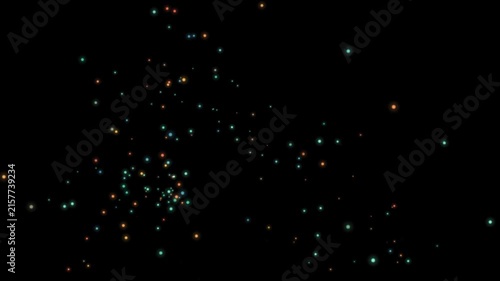 Glowing green digital particles floating in black space with motion blur effect