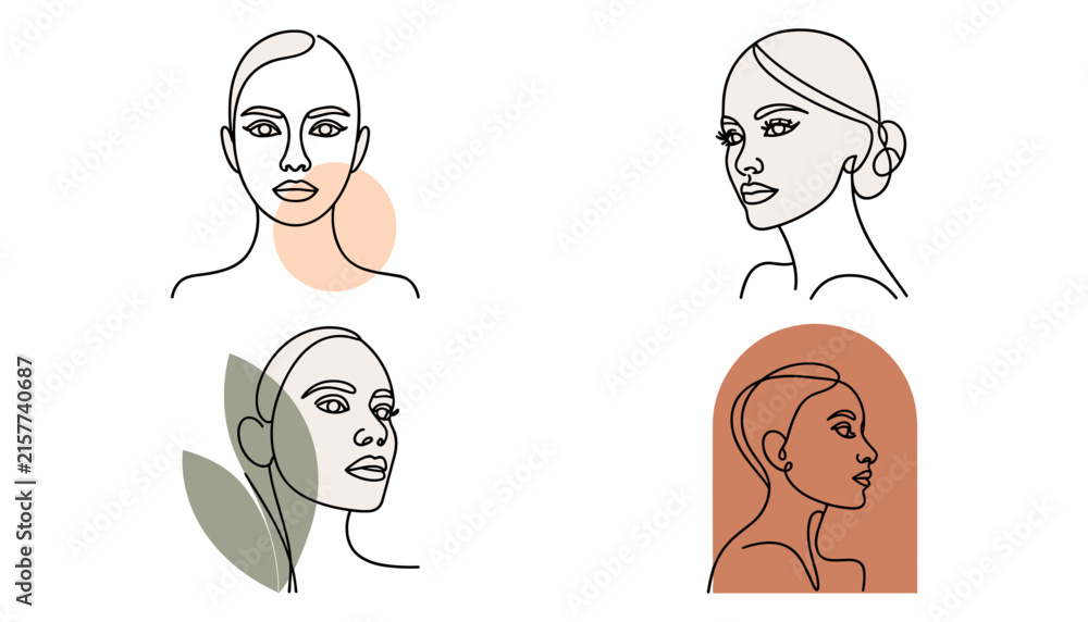 Obraz premium Minimalist Abstract Woman Face Line Art Vector Illustration Set with Aesthetic Geometric Boho Shapes and Botanical Leaves for Contemporary Beauty Logo and Poster Designs
