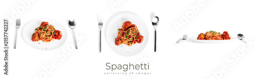 Spaghetti with meatballs in tomato sauce isolated on a white background.