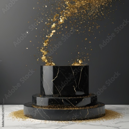 Elegant black marble pedestal with gold glitter explosion on dark gray background