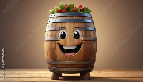 Fun Cartoon Style Wooden Barrel Character with Big Eyes Smile and Festive Holly Decor