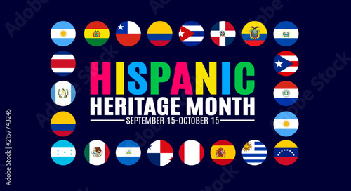 National Hispanic Heritage Month horizontal banner vector illustration with circular round national country flags frame border, dark blue background, and September 15 to October 15 typography