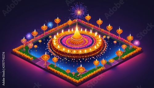 Festive Water Fountain Display with Surrounding Lamps and Fireworks Celebration