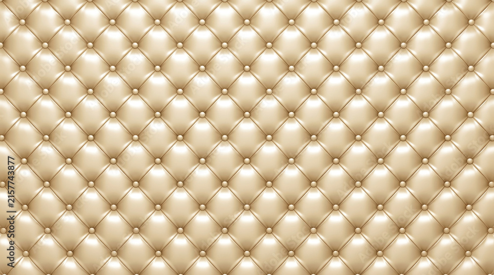 Naklejka premium Luxury beige tufted leather texture with elegant diamond quilted pattern and glossy shiny buttons.