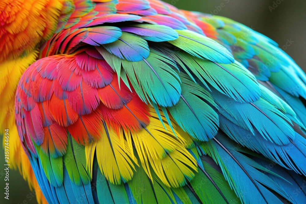 Obraz premium Close up of colorful parrot feathers with rainbow gradient pattern. Detailed texture shows natural beauty and vibrant plumage. Exotic tropical bird plumage close view.