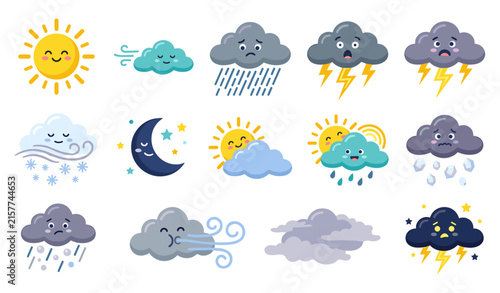 Foto Cute cartoon weather forecast vector icons set isolated on white background, fun
