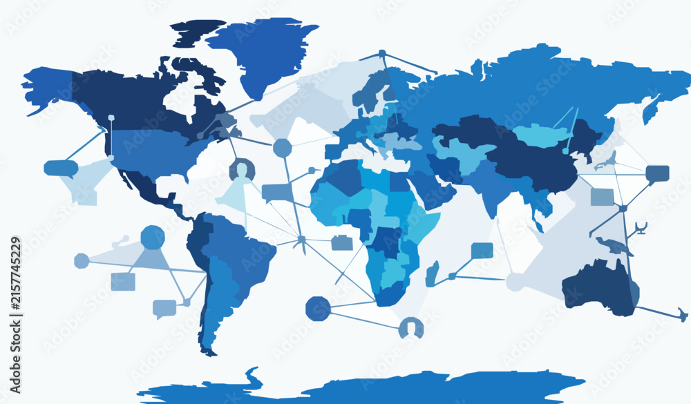 Obraz premium Abstract world map graphic with interconnected nodes and communication icons representing global business and digital network connectivity
