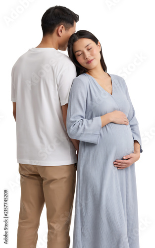 Expectant parents sharing an intimate moment together isolated on white background with pregnant pregnancy expecting
