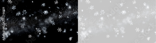 Quadro su tela Flowing snowflake trail and winter snow dust overlay on transparent and black background