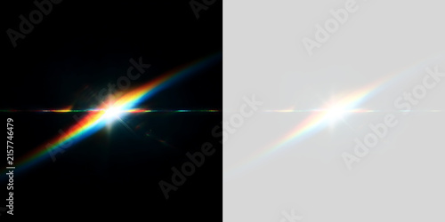 Plakat w ramie Anamorphic rainbow light flare overlay on transparent background. Spectral prism sun flare and horizontal optical beam effect