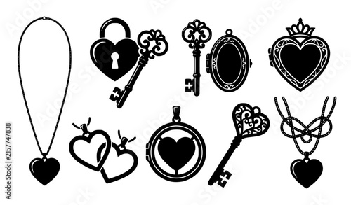 Romantic Black Heart Locket Vector Icon Collection with Antique Keys Chain Pendants Secret Love Connection and Elegant Jewelry Designs