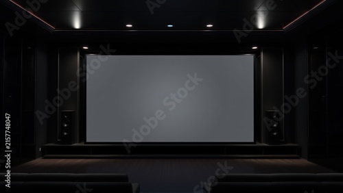 Dark home theater interior. Large screen dominates space. Minimalist design, comfortable seating visible. Dramatic lighting creates immersive experience.