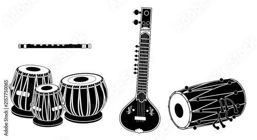 Fotografie Traditional indian musical instruments with instruments including sitar sitar ta