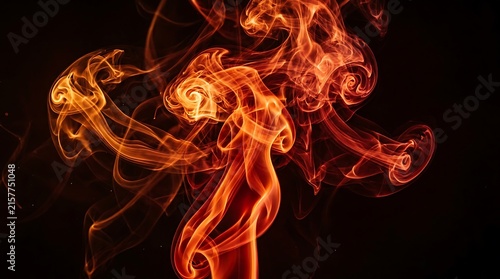 Abstract red and orange smoke swirls flowing on a dark black background