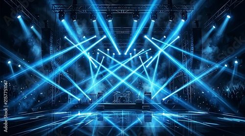 Bright blue stage lights shining on a dark concert stage at night