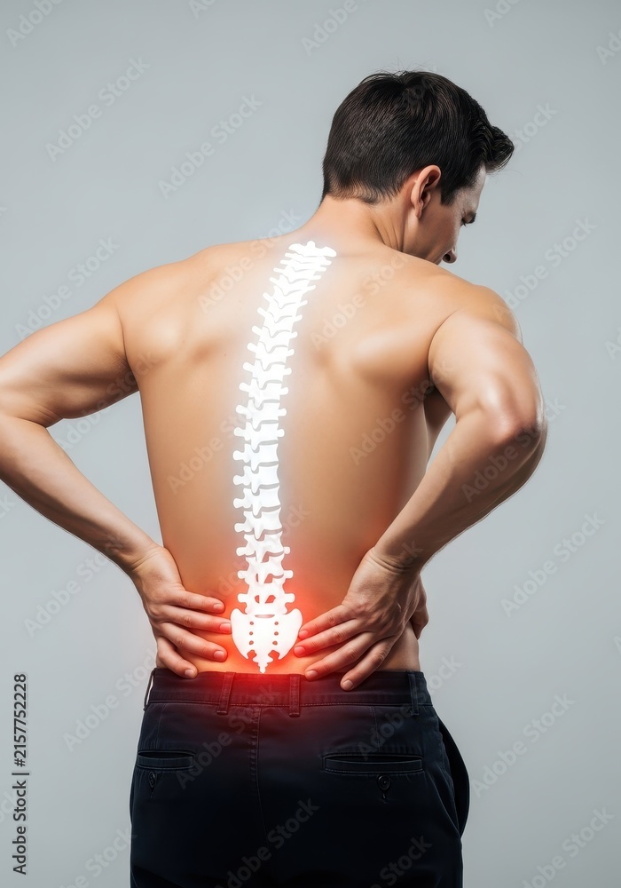Fototapeta premium Man Suffering from Lower Back Pain with Glowing Spine Illustration for Medical and Healthcare Concepts