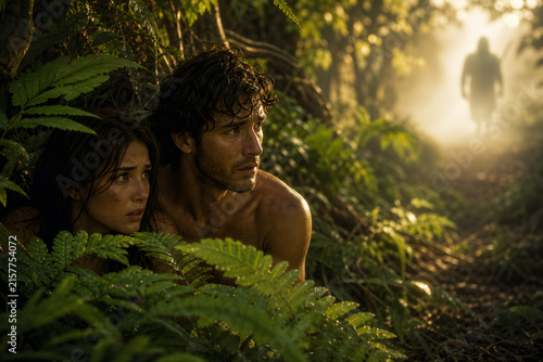 Adam and Eve hiding in Garden of Eden after eating forbidden fruit, fearing God, Genesis fall story
