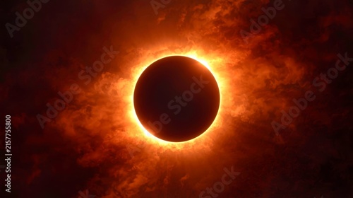 Blood-orange sky swirls around a dark eclipse