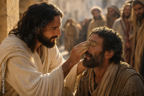Jesus healing blind man applying clay mud to eyes, biblical miracle of restoring sight, crowd watching