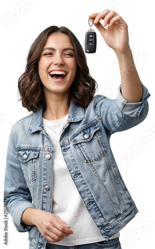 Excited young woman holding new car keys celebrating the purchase of her new vehicle purchase lifestyle automobile