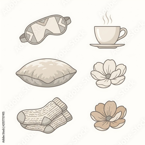 Cozy lifestyle icons set, morning self care elements, beige wellness objects