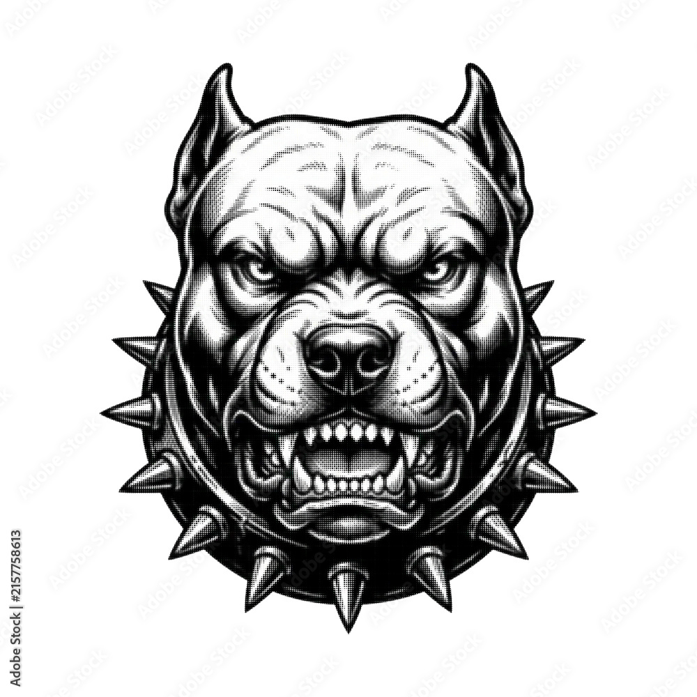 Obraz premium Muscular Aggressive Pitbull Head with Spiked Collar Halftone Art on Transparent Background. Retro Pop Art Pitbull with Spike Collar Illustration on Transparent Background.