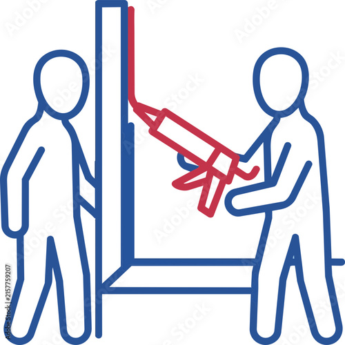 Construction professional team applying sealant with a caulking gun to waterproof building joints and window frames in blue and red vector icon style.