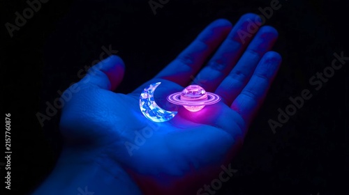 Glowing moon and UFO rest in open palm