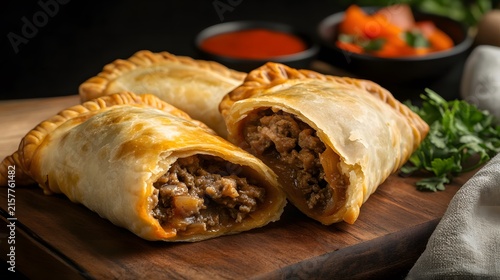 Traditional Golden Beef Empanada with a Bite Taken Out Showing Savory Meat Filling on Wooden Board