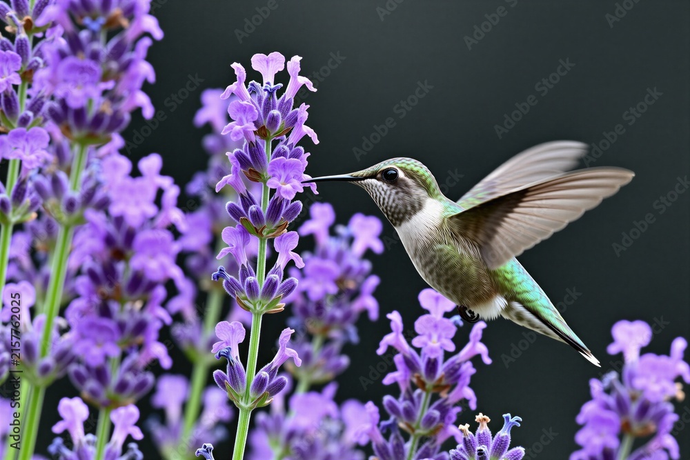Naklejka premium Small hummingbird flies near blooming lavender. Bird drinks nectar from purple flowers. Tiny animal hovers with wings spread wide. Nature scene captures beauty of wildlife.