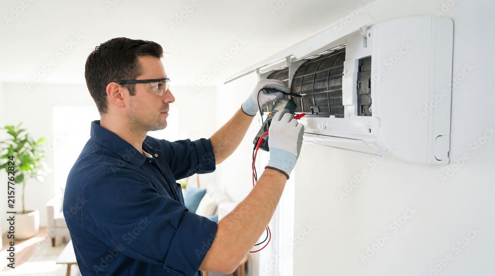 Obraz premium Professional Technician Inspecting Residential Air Conditioning Unit