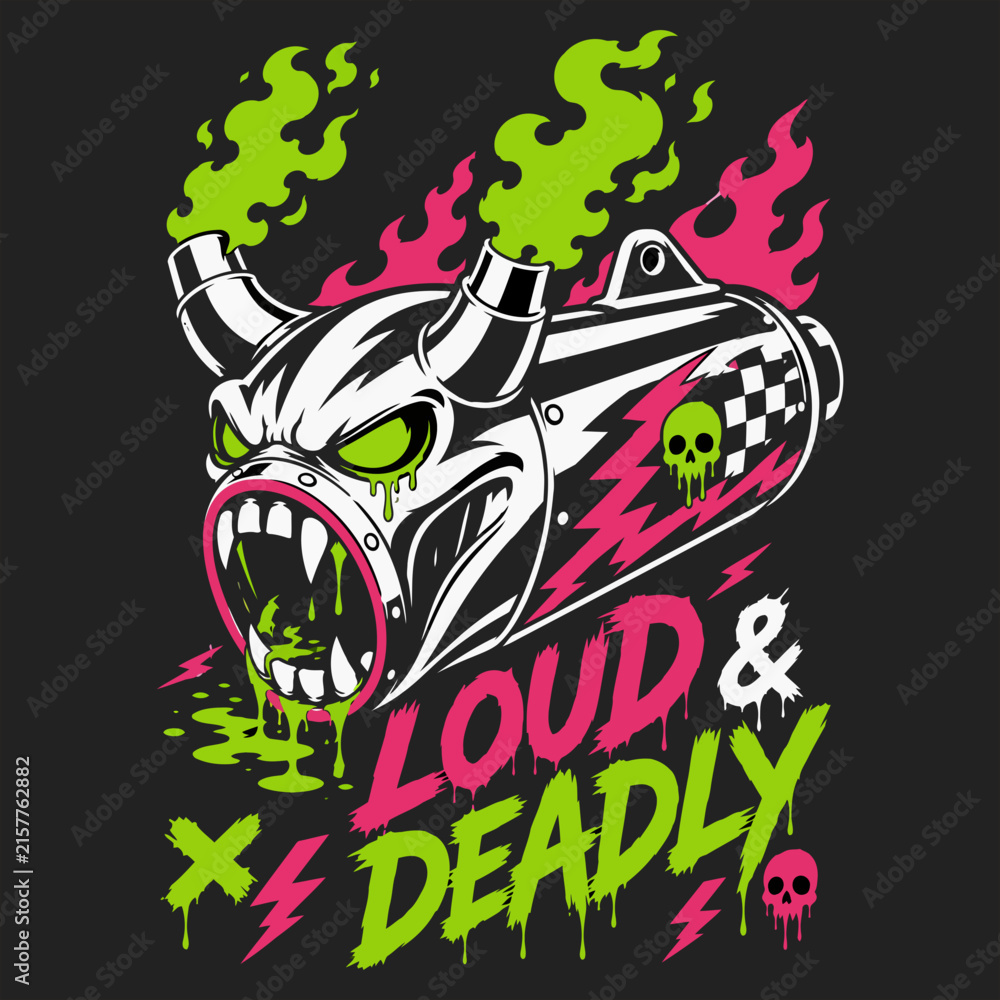 Obraz premium Futuristic Neon Exhaust Pipe with Flames and Street Racing Graphics