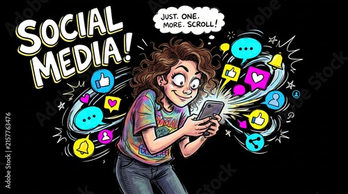Social Media Addiction: A young woman is engrossed in her smartphone, surrounded by social media icons and notifications.