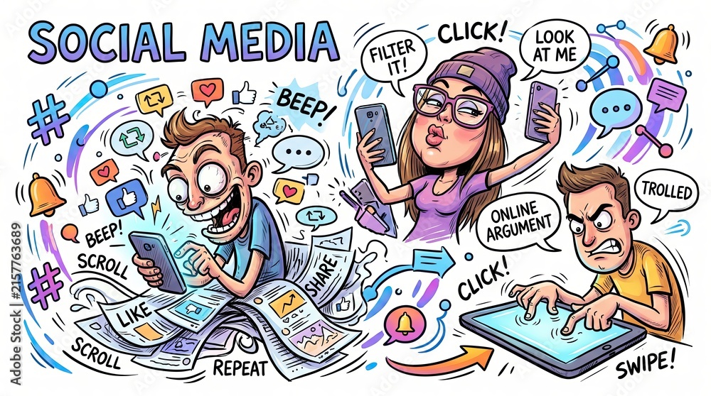 Fototapeta premium Social Media Mania: A vibrant, cartoon-style illustration depicting the chaotic and engaging world of social media, with people immersed in their phones, scrolling, liking, and interacting online.