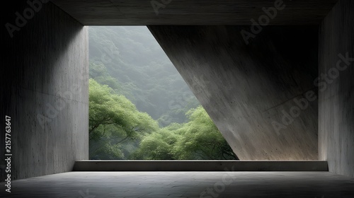 Modern brutalist concrete interior with angular geometric window overlooking lush misty rainforest for architectural mockups and wellness retreat presentation backgrounds