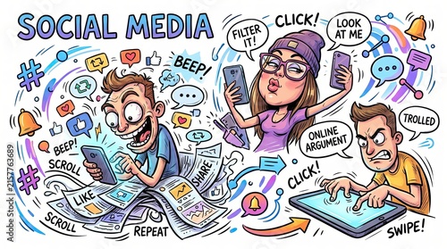 Social Media Mania: A vibrant, cartoon-style illustration depicting the chaotic and engaging world of social media, with people immersed in their phones, scrolling, liking, and interacting online.