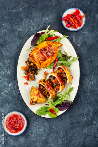 Stuffed Squid Sliced and Served with Greens
