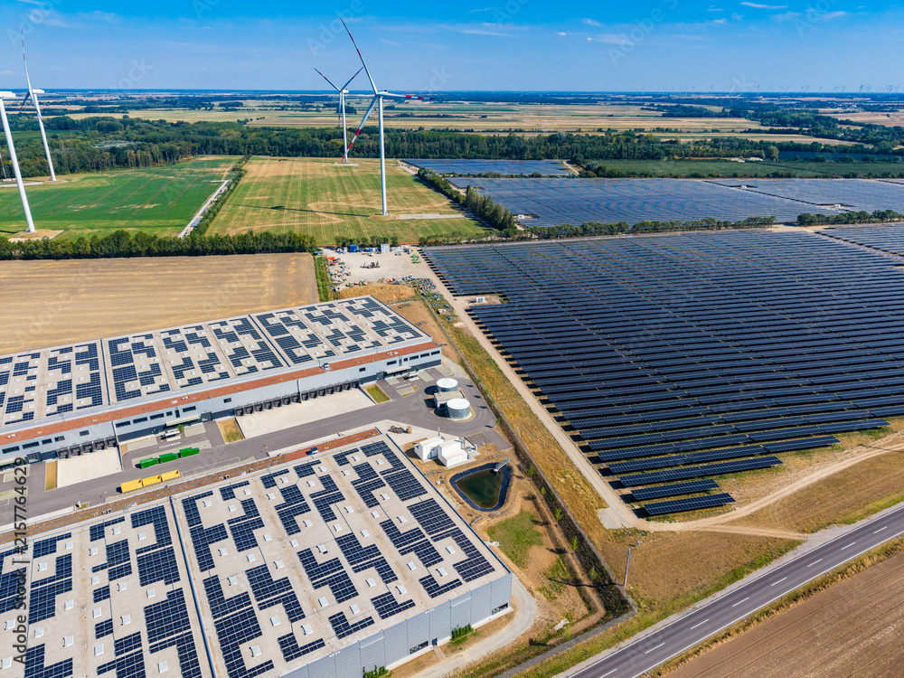 Fototapeta premium Solar panels and wind turbines are present in a large energy facility in an open area during daytime under clear skies