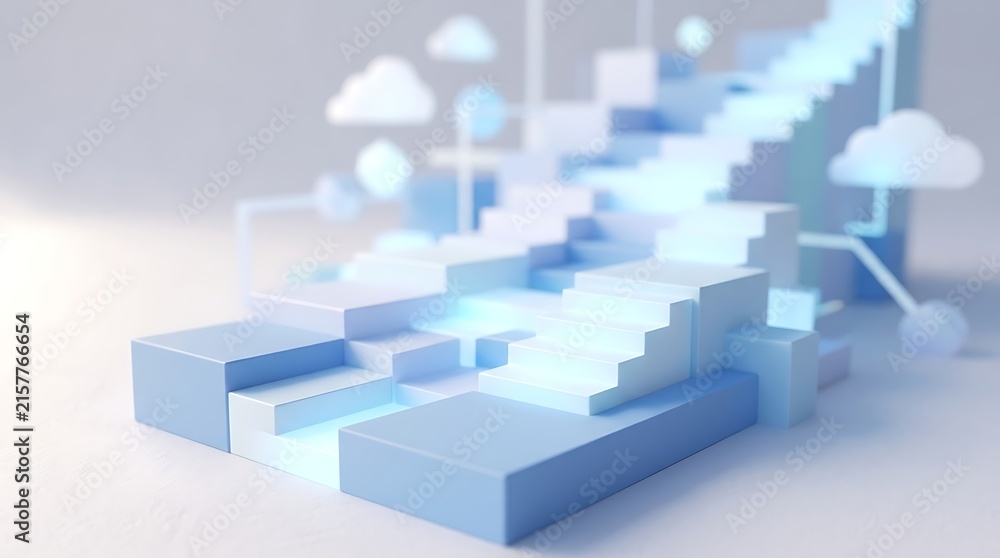 Fototapeta premium Abstract geometric staircase ascending toward floating cloud icons digital concept