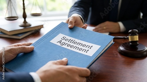 Legal professional handing over settlement agreement document to client across wooden desk