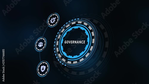 Corporate data governance and cyber security control interface showcasing a futuristic blue HUD design with system management visual icons.