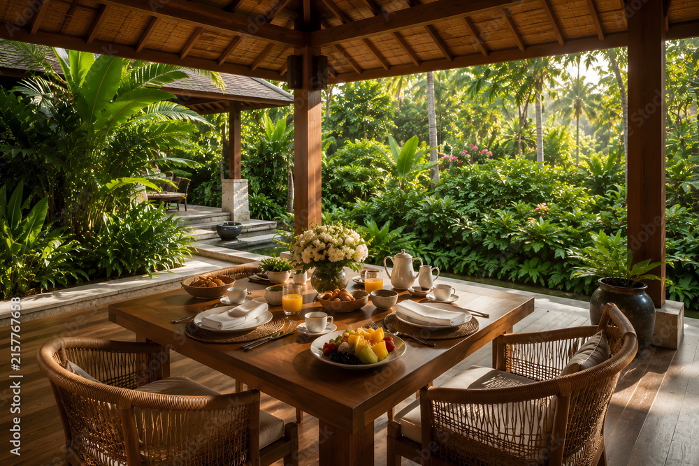 Fototapeta premium Luxury Tropical Resort Breakfast Table in an Open Air Garden Pavilion