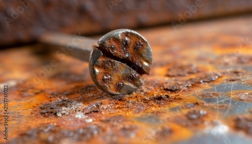 Extreme macro of a rusty old nail, deeply corroded metal surface, flaky orange rust, rough pits and microscopic scratches.